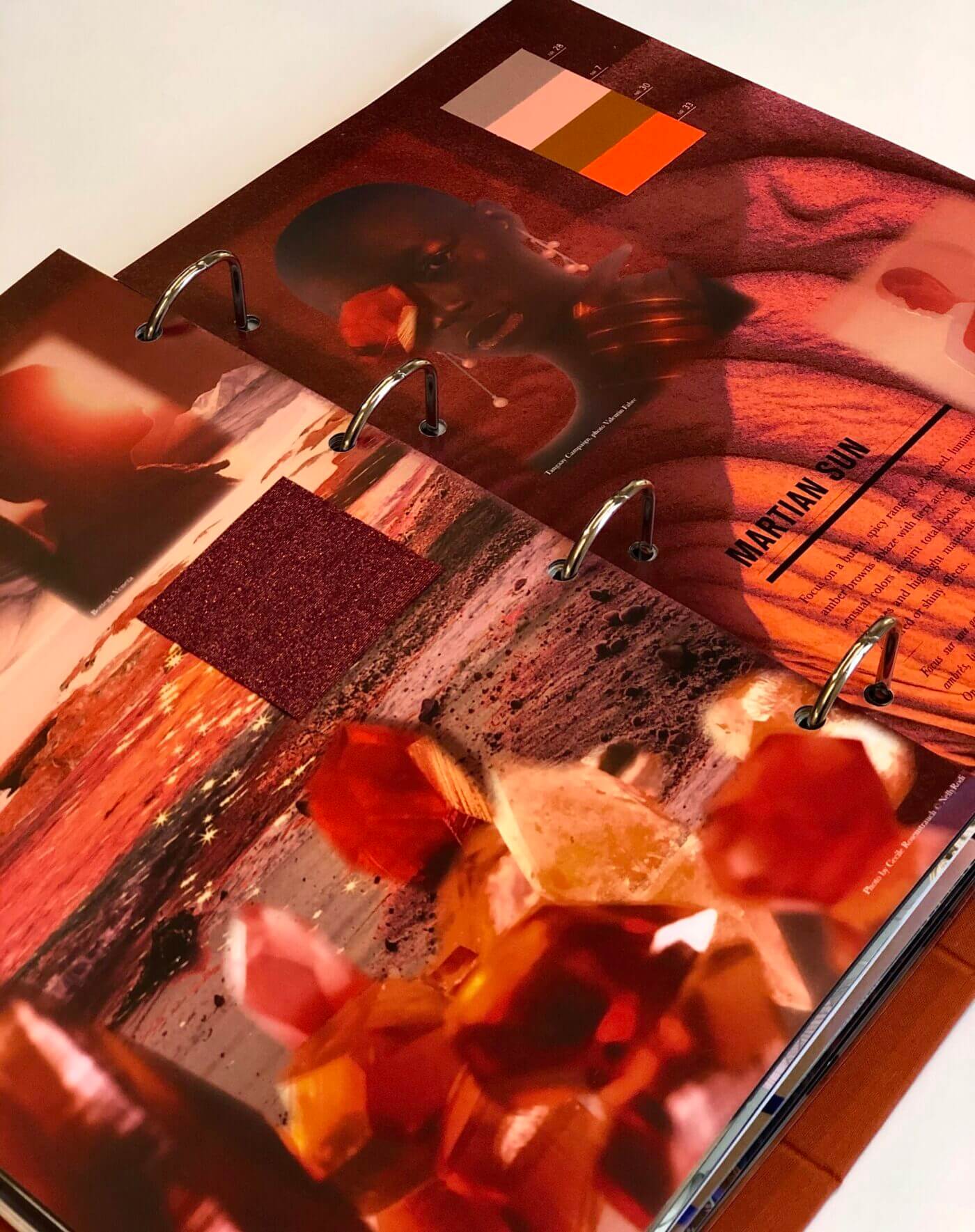 Focus on a burnt, spicy range of scorched, luminous, amber browns ablaze with fiery accents. These warm, sensual colors inspirit total looks composed of fluid volumes and highlight materials that play on matte, textured or shiny effects.