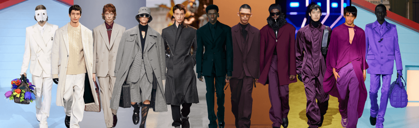 les couleurs tendances de la Fashion week homme automne hiver 2022/2023 sont les blancs et crèmes, les gris et noirs, et les marrons et les violets
