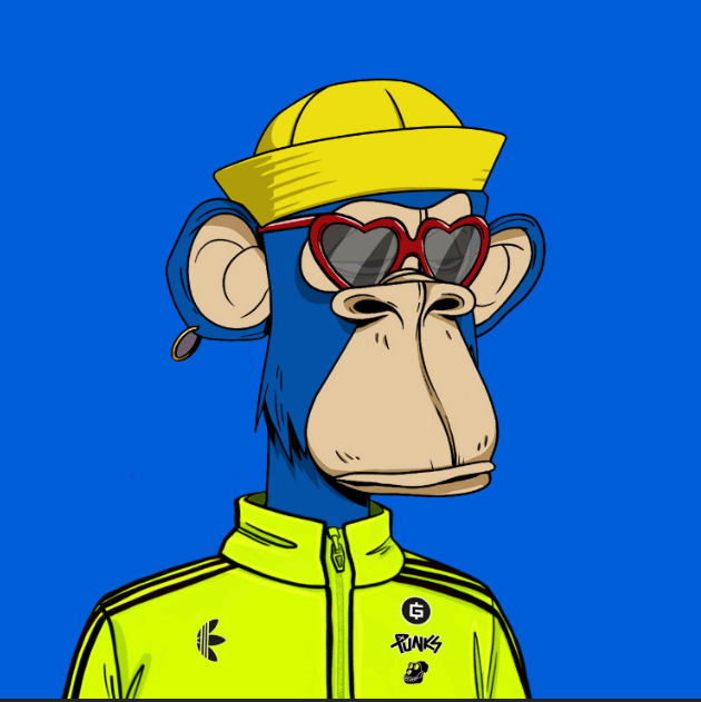 NFT Bored Ape acheté par Adidas, représentant un singe bleu qui avec des lunettes en forme de coeur et un ensemble Adidas