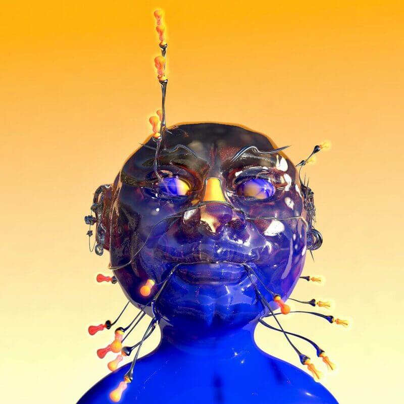 Oeuvre de Jae Yeon Kim, représentant un visage humanoïde bleu, couvert de fils et d'ampoules